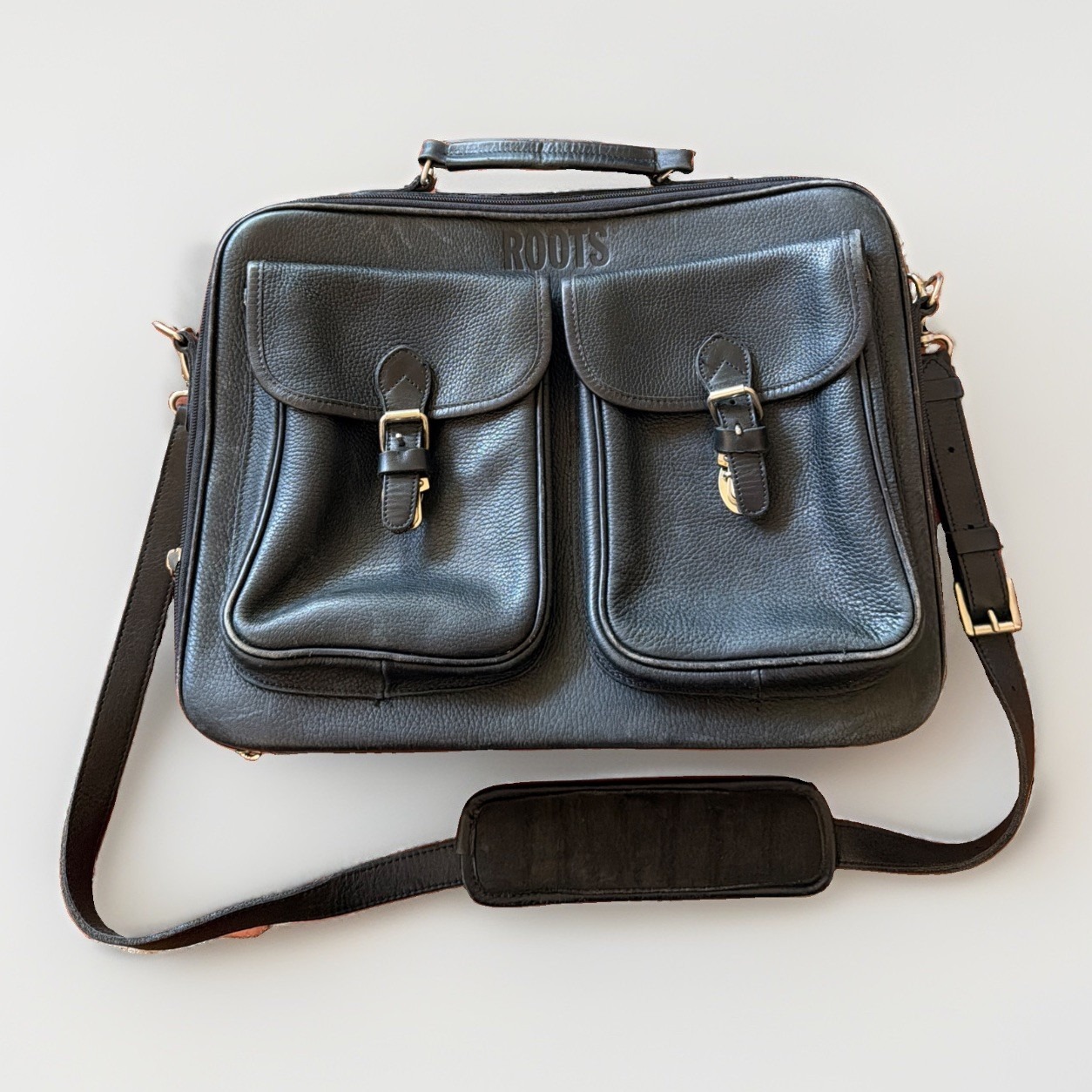 Roots Vintage Black Leather Canada Messenger Briefcase Sling Silver Buckles